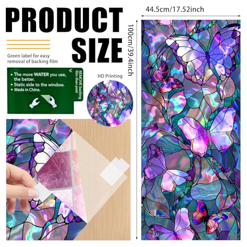 Image of Nuxovilar 17.7x39 Butterfly Stained Glass Window Film, Iridescent | Iridescent butterfly stained glass window film for privacy. Static cling PVC decal for cabinets and dividers.