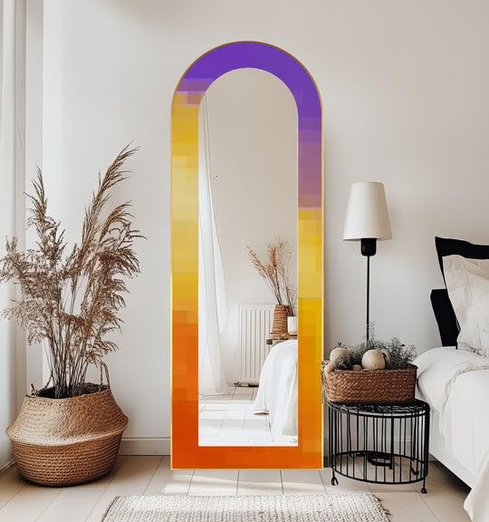 23,5’’W x 67’’H NeonGlow Radiance – Abstract Floor Mirror Arched Full Lenght Mirror - Arch Full Body Stained Floor Mirror with Black Frame with Silver Frame