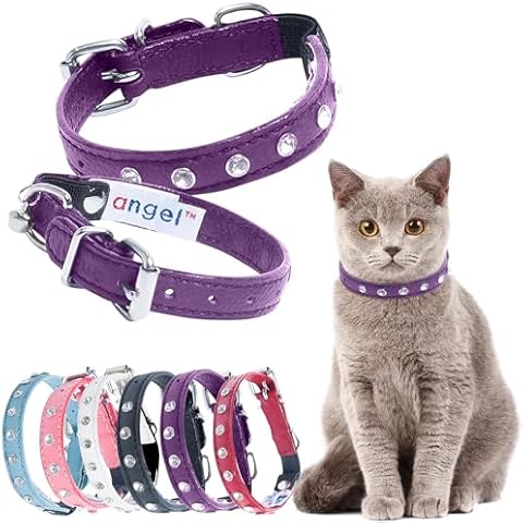 Athens Cat Collar, Leather Kitten Collar w/Rhinestones, Sturdy Breakaway Cat Collar with Bell & Elastic Stretch, Cat Accessories, Orchid Purple, 12 x ½ inches - Angel Pet Supplies Cover