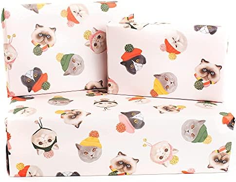 Christmas Gift Wrapping Paper and Tags - (x6) Pink Gift Wrap Sheets for Her - Cats in Hats - For Girls Women - Christmas - Birthday - Wrap for Kids - Recyclable - by Central 23