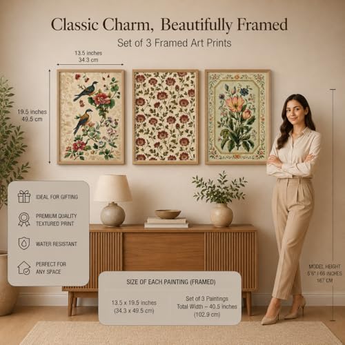Image of Livin'luxe Set of 3 Vintage Bird Floral Wall Paintings for Living Room Dining Bedroom Decor with Premium Wooden Color Synthetic Frame (13.5 x 19.5 Inch) NM03-93