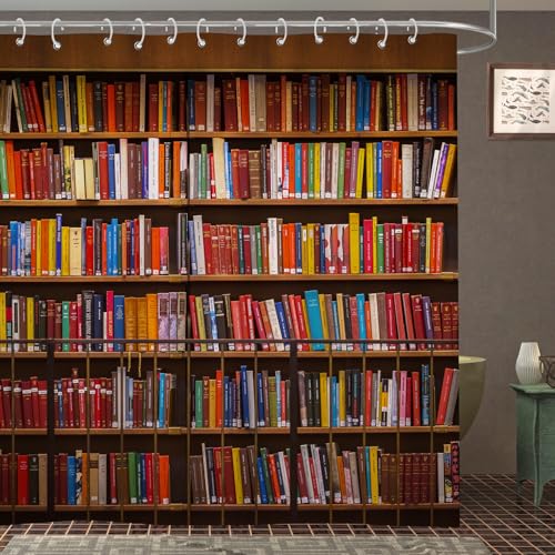 Faitove Library Bookshelf Shower Curtain Vintage Educational Bookcase Shower Curtain Readable Books Fabric Polyester Waterproof Bathroom Decor for School with Hooks 72