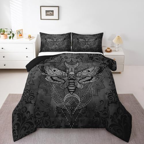 Image of Feelyou Boys Girls Black Moth Damask Bedding Set Toddler Size, Gothic Comforter Set Kids Death Moth Bohemia Boho Duvet Insert Teens Bedroom Decor Microfiber Bed Set