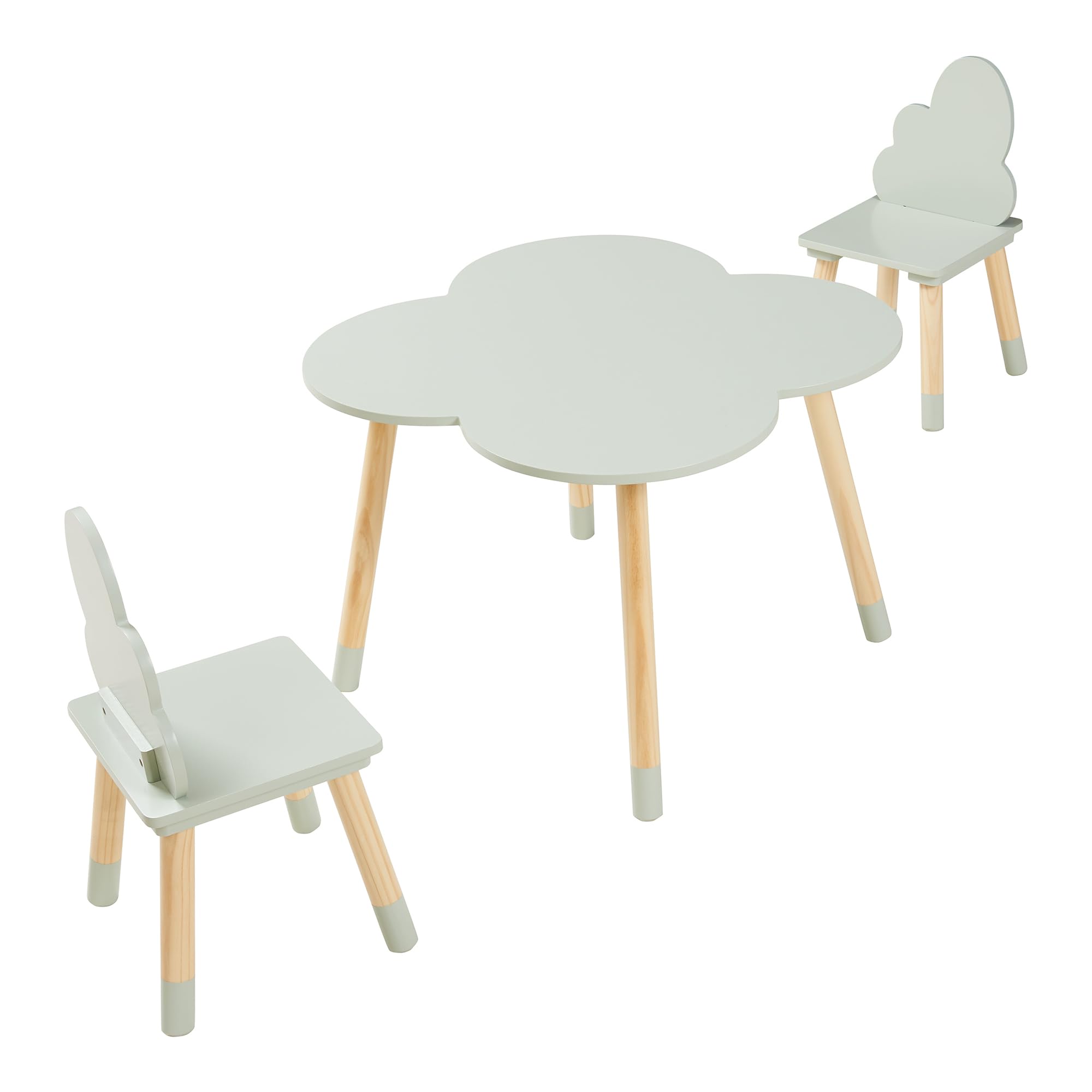 [en.casa] Set di 3 Mobili per Cameretta Tavolino e 2 Sedie con Schienale Tavolo a Forma di Nuvola a Misura di Bimbi per Area Gioco Bambini - Verde Menta/Naturale