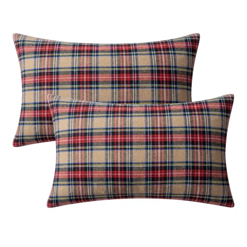 Image of MIULEE Fall Plaid Pillow Covers Scottish Tartan 12x20 Khaki | Set of 2 Fall Decorations Lumbar Cushion Covers, Farmhouse Winter Home Decor, for Thanksgiving Sofa Couch Bed Living Room