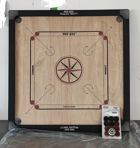 Pee-ESS Regular Matt Carrom Board, 85 x 85 cm, with Coins, Striker and Powder