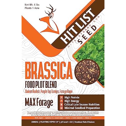 HIT LIST SEED® Brassica Food Plot Seeds for Deer [Annual Mix] - Food Plot Seed Brassica - Deer Plot Seed Mix - Daikon Radish, Purple Top Turnips, Forage Brassica - Fall Planting - 6 lbs (1 Acre) Cover