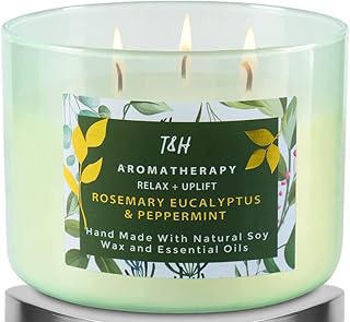 Rosemary Eucalyptus & Peppermint Candle with Lavender - Aromatherapy Stress Relief 3-Wick Scented Candle for Relaxation 15.8 oz - Eucalyptus Mint Soy Scented Candles for Home - Work Candles