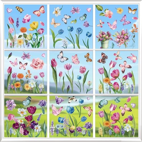 Window Stickers for Home Floral Window Clings Spring Nature Flower Window Decals Toddler Kids Anti-Collision Doors Stickers Art to Prevent Bird Strike