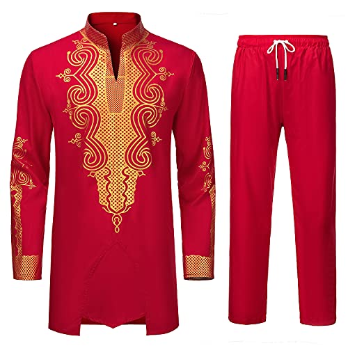 YND Men’s 2 Piece Dashiki Set African Outfit and Pants, Shirt with Gold Print