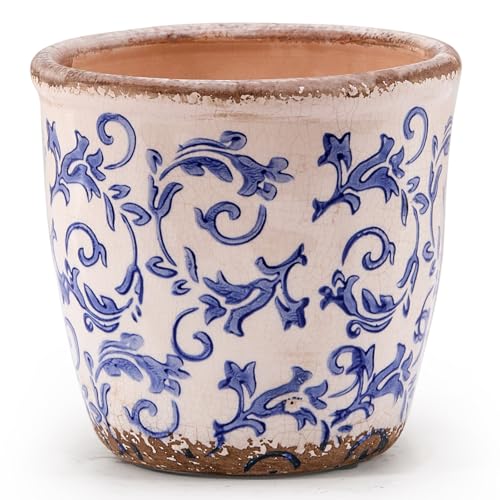 Vintage Ceramic Planter with Drainage Hole, Plastic Tray & Mesh, 5.5 Inch - Indoor/Outdoor Flower Pot, Blue Floral Rustic Farmhouse Design Plant pot for Home, Office & Garden Décor, Ideal Gift