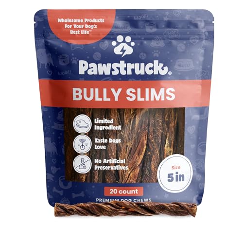 Pawstruck Natural 5 Beef Bully Slims Junior Gullet Chew Sticks for Small Dogs & Puppies Healthy Rawhide Free Esophagus Jerky Dental Treat for Light Chewers Supports Joint Health 20 Count