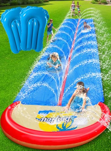 Slip and Water Slide for Kids and Adults Extra Long Heavy Duty Lawn Backyard Water Slides with Two Inflatable Bodyboards and Double Lane Water Toys Summer