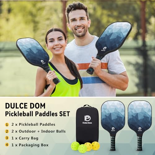 DULCE DOM Pickleball-Paddel, USAPA-zugelassenes Kohlefaser-Pickleball-Set mit Bällen und Tragetasche, Leichter Pickleballschläger für Anfänger und Profis, Blau, 2 Stück