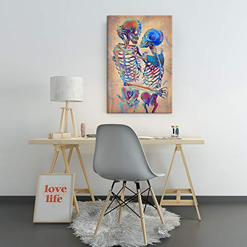 Zlove Vintage Skull Canvas Wall Art Colorful Skeleton Couple Love Abstract Skull Artwork Picture Print On Canvas Romantic Decoration Gift For Bedroom Home Walls Stretched And Framed Ready To Hang 24X36Inch #TOP1