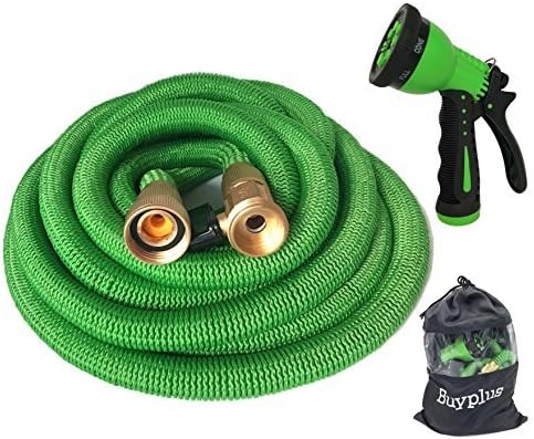 Buyplus Improved 100 ft Expandable Water Hose, Upgrade Collapsible Water Pipe with Shut Off Brass Valve, 9 Function Washer Nozzle and Storage Sack(100FT Green)