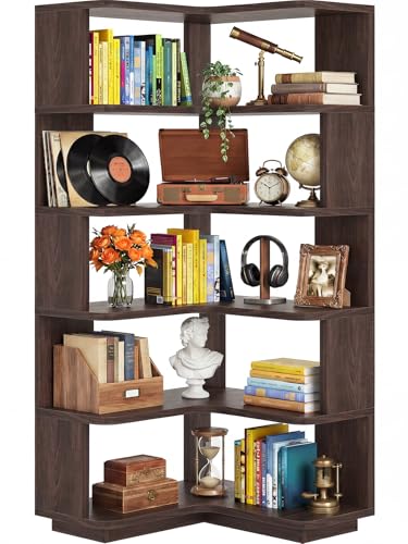 iSunirm Bibliothèque d'angle à 5 Niveaux en Forme de L, Étagère de Rangement Autoportante pour Salon, Bureau et Chambre, Gain de Place, 162 x 60 x 60 cm, Noyer Noir