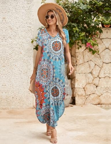 Image of JollieLovin Womens Plus Size Casual Summer Maxi Long Dress Short Sleeve T-Shirt Loose Sun Dress(L-5X)