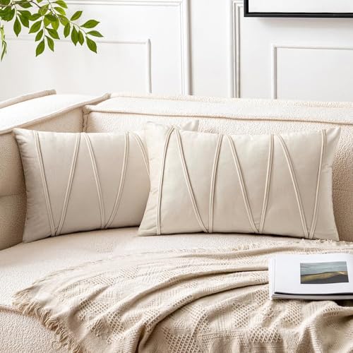 Image of Amazon Brand - Umi Decorative Striped Throw Pillow Covers 12 X 20 Inch,Soft Solid Velvet Pillow Covers Cushion Case with Zigzag Pattern for Sofa Bedroom 30 X 50 Cm (Pack of 2) Cream