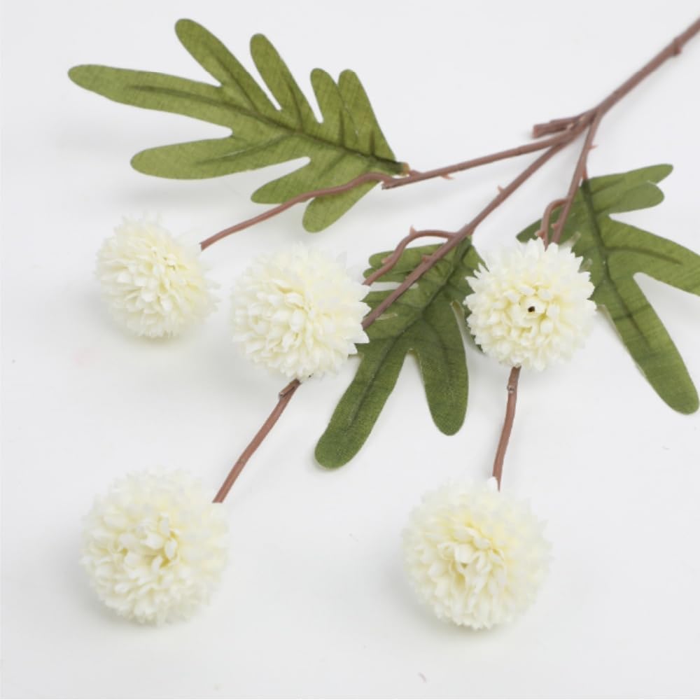 Pompon Mum Artificial Flower, 5pcs Faux Silk Mini Chrysanth with Stems, BSimulation of 5 Autumn Ball Chrysanthemum Dandelion Fake Flowers Wedding Home DIY Decoration (White) - Image 2