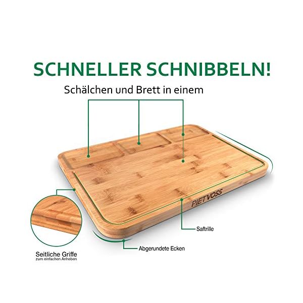 PIETVOSS Premium Schneidebrett Bambus Holz - hochwertiges Schneidbrett mit Auffangschale - Küchenbrett für schnelles und effizienten Arbeiten - 44,5cm x 30cm x 2,3cm Gross – Bild 3