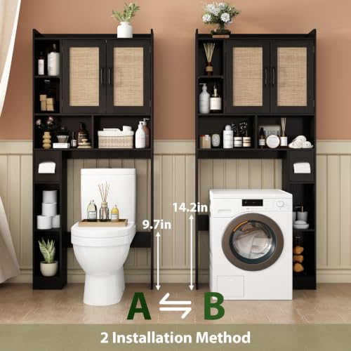 RUSTOWN Rattan Over The Toilet Storage Cabinet, Boho Over Toilet Bathroom Organizer with 2 Doors & Adjustable Shelves, Modern Above Toilet Rack with Toilet Paper Holder for Bathroom, Laundry(Black) by RUSTOWN - Image 4