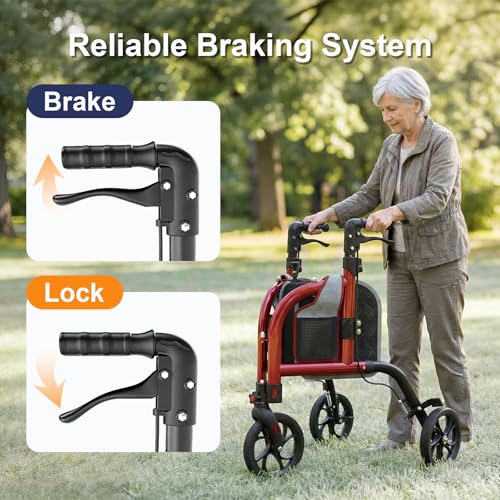 Image of 3 Wheel Walkers for Seniors, Foldable Narrow Wheeled Rollator, Red
