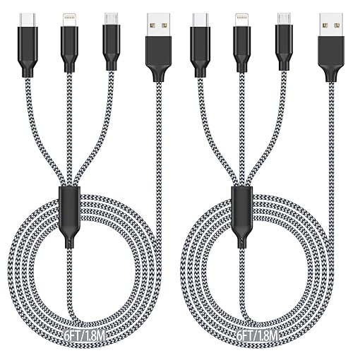 Multi Charging Cable (6ft 2Pack), 3 in 1 Charging Cable Travel Essentials for iPhone Charger Nylon Braided Cord with Type C Micro Lightning USB C for Apple Android Phone