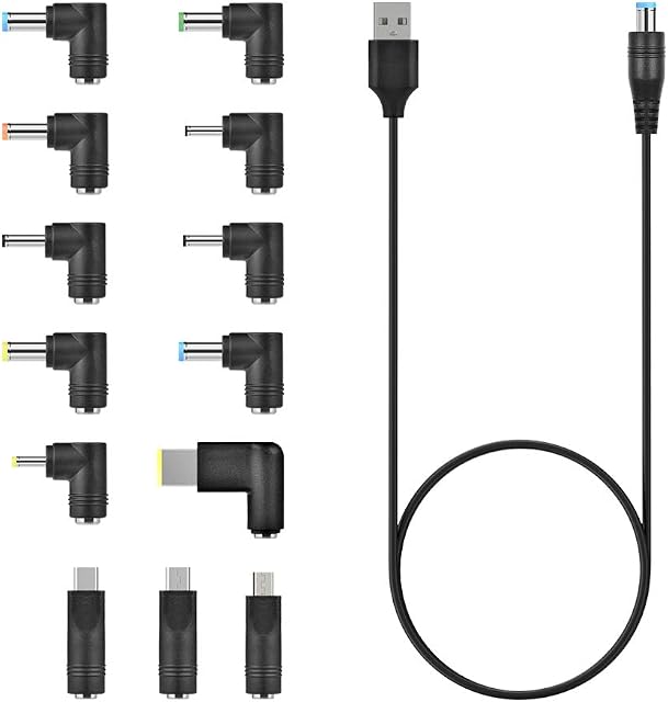 aceyoon DC Power Cable 1M USB Power Cable 5V/3A with 13 Tips DC Charger Plug Universal 5.5 x 2.1mm DC USB Cable DC Barrel Jack adapter for DC Power Supply Compatible for Laptops/Router/Keyboard etc