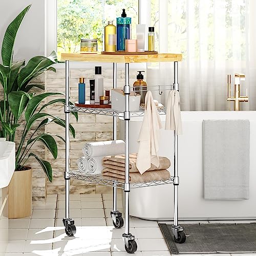 Auslar 3 Tier Rolling Cart With Wheels, Kitchen Storage Shelves Microwave Cart With Adjustable Wire Shelves Hanging Hooks & Wood Tabletop For Kitchen, Bathroom, Living Room, Bar, Office, Chrome #TOP3