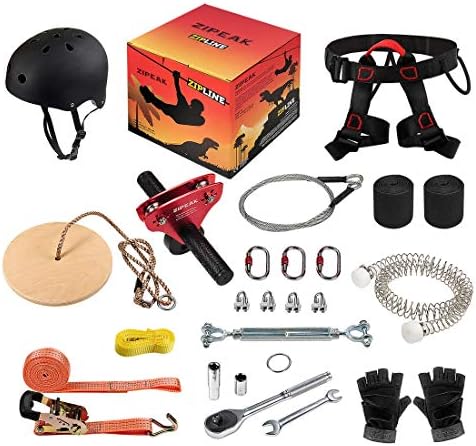 ZIPEAK Zipline for Kids and Adult, Zipline Kits for Backyard with Spring Brake, Cable Tensioning Kit, 2 Tree Protectors, Wooden Seat and Full Set of Zip line Accessories(Without Main Cable) (Red)