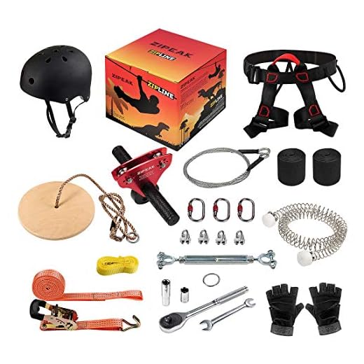 ZIPEAK Zipline for Kids and Adult, Zipline Kits for Backyard with Spring Brake, Cable Tensioning Kit, 2 Tree Protectors, Wooden Seat and Full Set of Zip line Accessories(Without Main Cable) (Red)