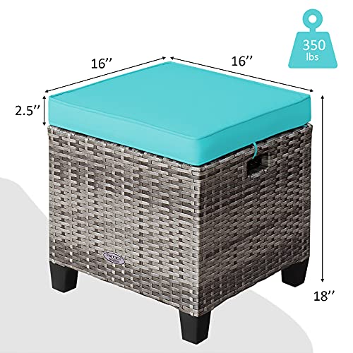 Tangkula 2 Pieces Patio Rattan Ottomans, Outdoor Wicker Footstool Footrest Seat With Soft Cushions And Steel Frame, All-Weather Patio Ottoman Set For Backyard Garden Poolside (Turquoise) #TOP4