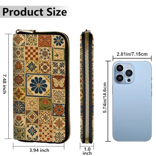 Image of Women's Wallets Credit Card Holder Money Leather Long Wallet | Long wallet with Wristlet,Large Capacity with Zip-Around Phone Purse for Women Ladies Girls,Floral Tile