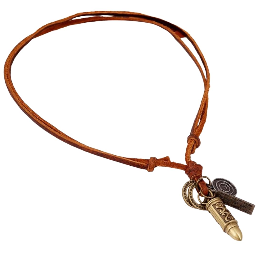 ANYTHING FOR YOU BROWN - Vintage Alloy Gold Bullet Pendant with Adjustable Pure Leather Cord Necklace for Men & Boys-image-48