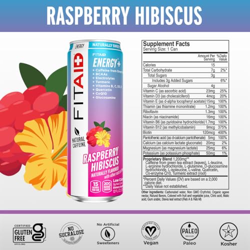 Image of FITAID ENERGY, 200mg Natural Caffeine, Keto, Raspberry Hibiscus, Optimum Performance Formula: BCAAs, Quercetin, Electrolytes, Omega-3s, 15 calories, Paleo, Vegan & GlutenFree, 12 Fl Oz (Pack of 12)