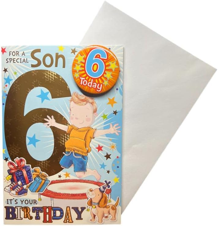 "Express Yourself" Birthday Card for Son Age 6 - Includes Badge and Envelope - Animated Little Boy Jumping on a Trampoline for 6-Year-Old Boy