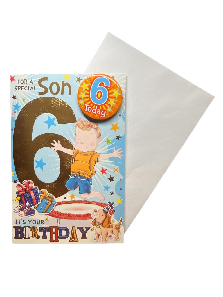 "Express Yourself" Birthday Card for Son Age 6 - Includes Badge and Envelope - Animated Little Boy Jumping on a Trampoline for 6-Year-Old Boy