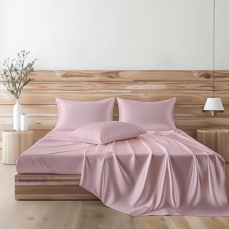 Image of Premium Satin Single Bed (60x90 Inchs) with 1 Pillow Cover Bedsheet Ultra Soft & Silky Smooth, Breathable Cooling Fabric, Luxury Glossy Finish|Baby Pink