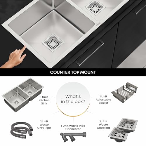 Image of LAPO Sink for Kitchen Build from Stainless Steel | 45x20x9 Inch Double Bowl Design | UV Resistant Finish with Ready Tap Cut-Out | Drain Set with Strainer | 20 Years Warranty (Silver Matt)