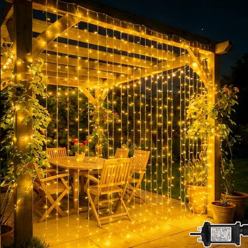 Lichtfam Curtain Lights Outdoor Garden 600 LED 6m x 3m Fairy Lights Mains Powered with Timer, Connectable Waterfall Hanging String Lights for Gazebo Pergola Wedding Party Backdrop Wall Window Decor