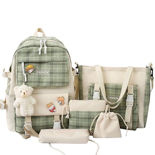 KBIKO-zxl Mochila Kawaii| Mochila Linda Mochila Niña Multibolsillos Gran Capacidad Con Lindo Oso |Conjunto De 5 Piezas (verde,31*12*42cm) Cover