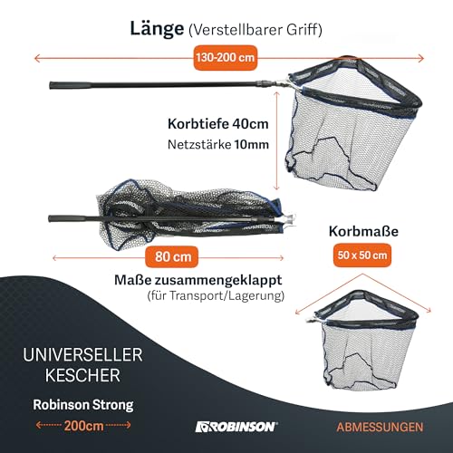 Robinson Gummiert Kescher Angeln - Angel Kescher mit verstärktem Aluminiumrahmen - Teleskop Unterfangkescher - 3 Längen (1,5m/2m/2,5m) – Klappbar (2,0m)