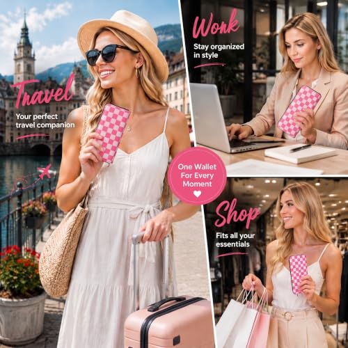 Image of Pink Checkered Wallet for Women, Zip Around Wristlet Wallet | Detachable Wrist Strap, Large Capacity for Phone, Cards, Cash & Travel