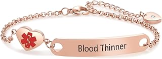 Rose Gold Heart Medical Alert ID Bracelet for Women Emergency First Aid Health Alert Stainless Steel Adjustable Chain Bracelets