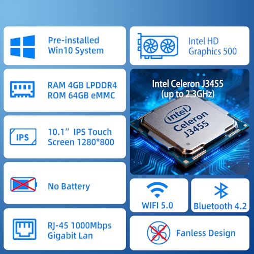 HEIGAOLAPC Mini Computer PC Mini PC Deko mit Touchscreen Monitor 10.1 Zoll, Win 10 Deko-mini J3455, 4GB LPDDR4 RAM, 64GB Rom eMMC, 4K Displayausgang HDMI 1.4, 2XUSB3.0, 2XUSB2.0, WiFi5, RS232, RJ-45