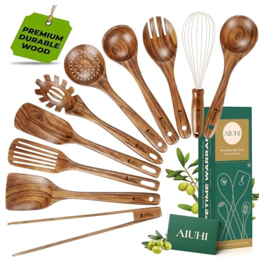 10 Pack Wooden Utensils for Cooking, Wood Utensil Set for Kitchen, Teak Wooden Spoon for Cooking, Non-Stick Spatula Ladle