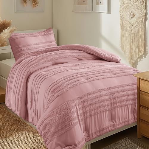 Image of BEDELITE Boho Twin /Twin XL Comforter Set,Dusty Pink Tufted Striped Bed Set 2 Pieces, Soft Vintage Farmhouse Comforter for College, Boho Home Dorm Decor, Fluffy Jacquard Bedding with 1 Pillow Sham