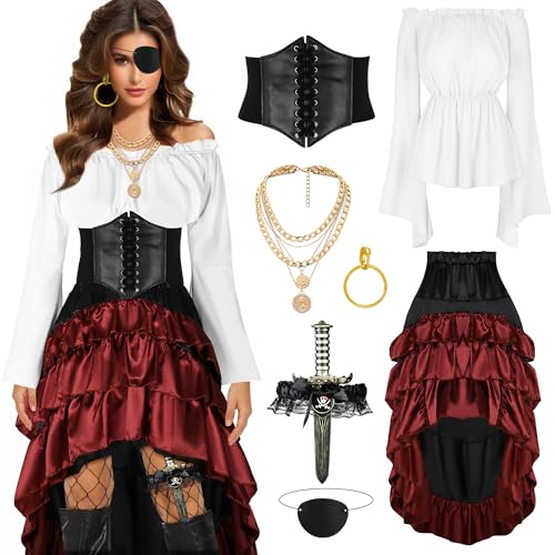 CICOCI Fantasia de pirata feminina renascentista espartilho saia steampunk acessórios pirata roupas completas, Branco, P