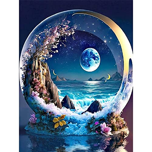 Pintura Diamante Luna Para Adultos, Cascada Montaña 5D DIY Diamond Painting Kit Completo, Manualidades de Cristal, Kits de Pintura de Punto Cruzado, Decoración de Pared Para El Hogar, Luna 30x40cm